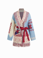 Knit Collar Pattern Colorblock Tassel Oversized Cardigan With Belt