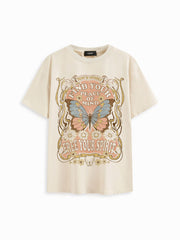 100% Cotton Round Neckline Butterfly Graphic Oversized Tee