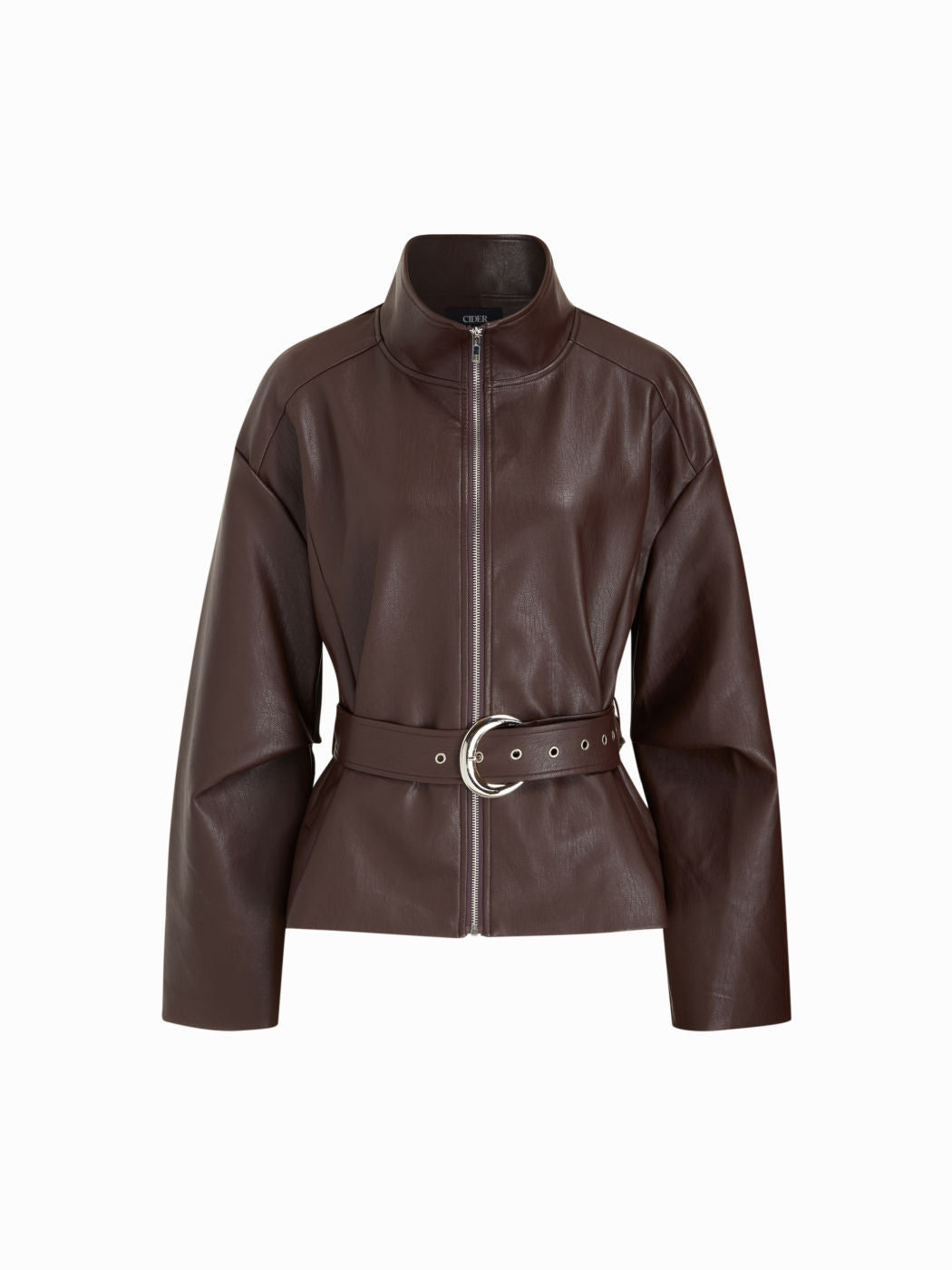Faux Leather Stand Collar Zip Through Jacket With Belt