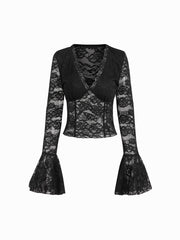 Lace V-neck Chain Detail Bell Sleeve Blouse