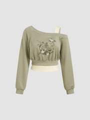 Two Piece Terry Floral Asymmetrical Neck Long Sleeve Crop Sweatshirt With Ruched Tank Top