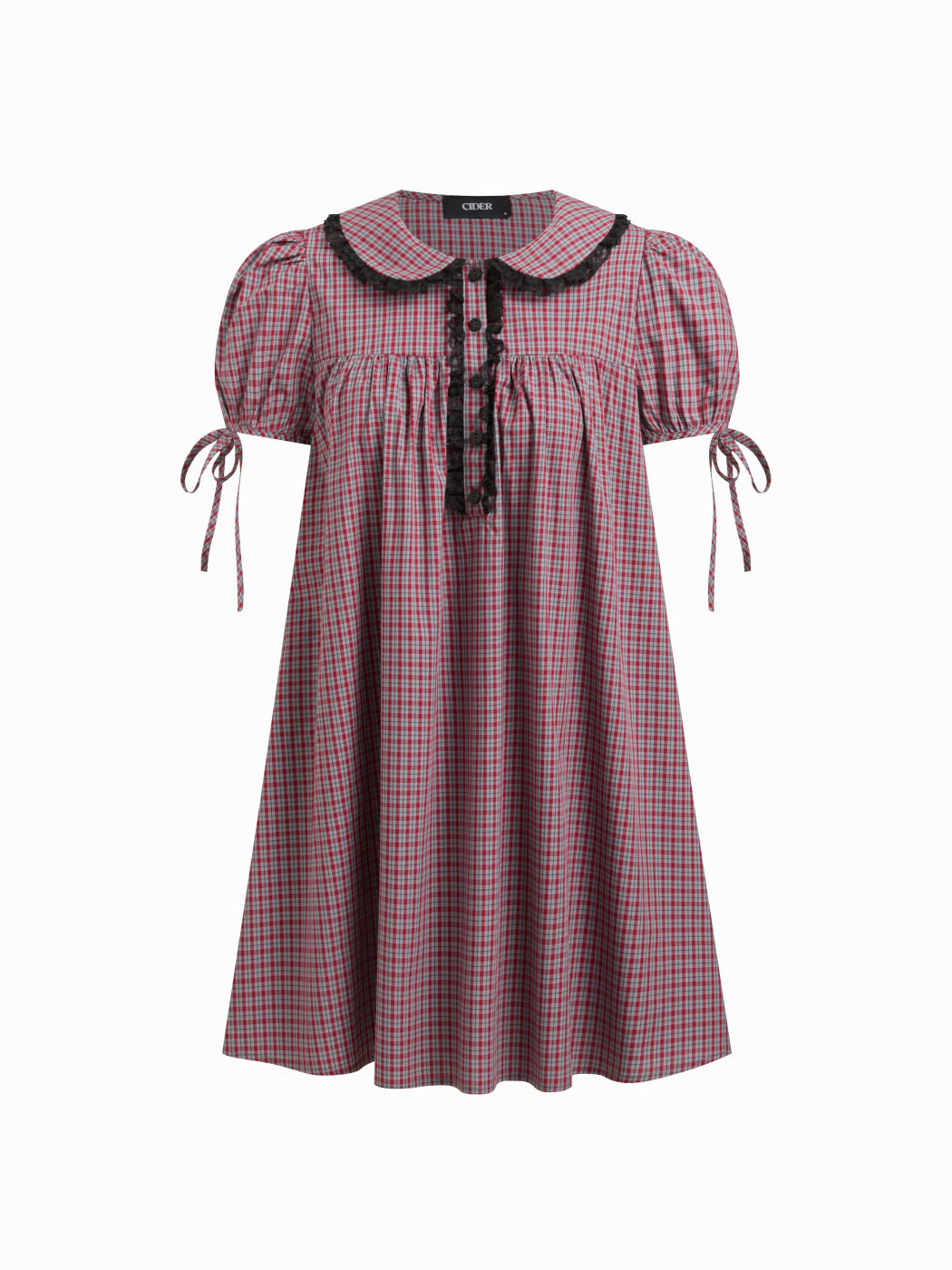 100% Cotton Peter Pan Collar Plaid Lace Trim Puff Sleeve Knotted Mini Dress