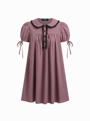 100% Cotton Peter Pan Collar Plaid Lace Trim Puff Sleeve Knotted Mini Dress