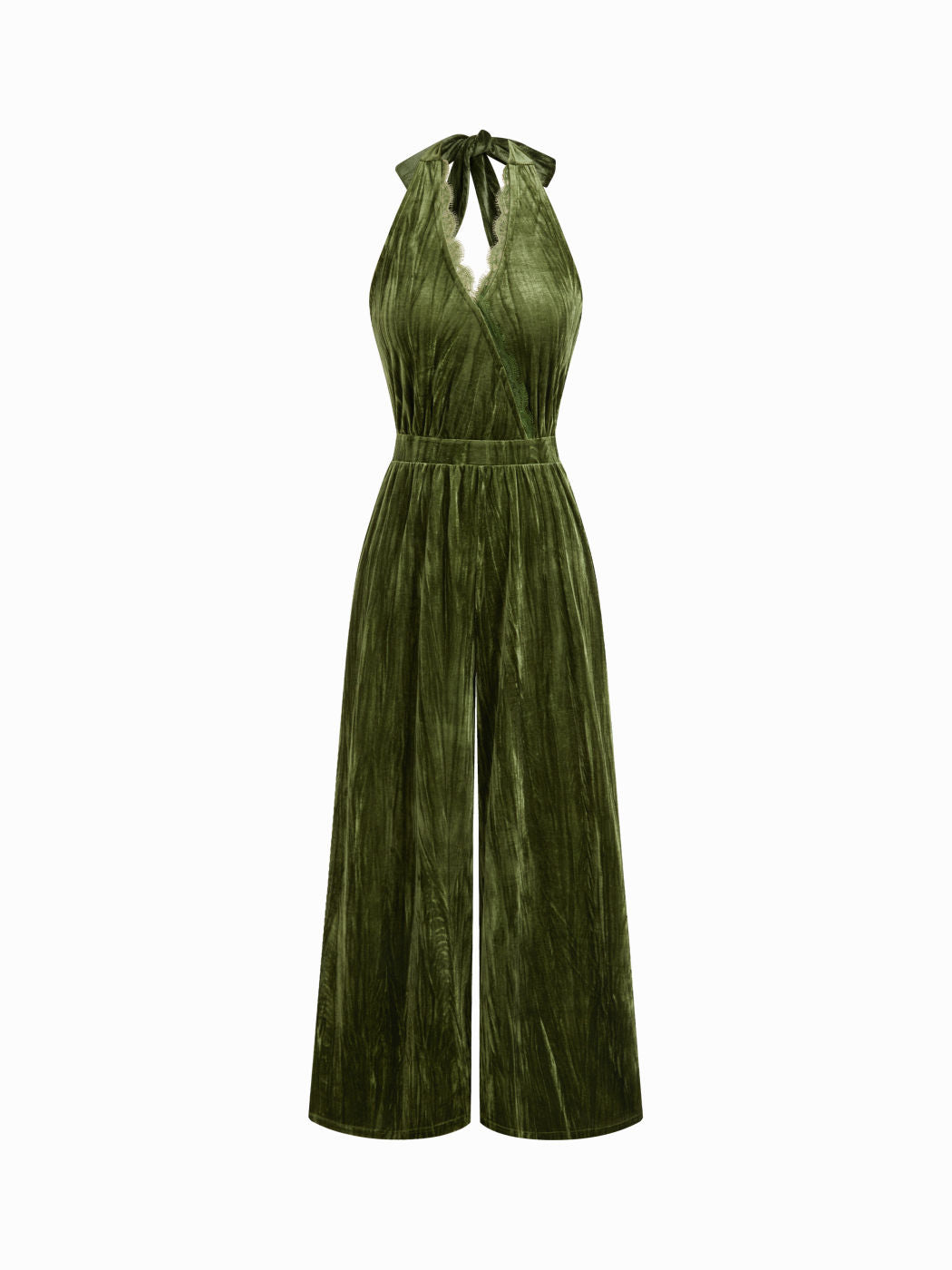 Velvet V-neck Lace Trim Knotted Backless Straight Leg Jumpsuit