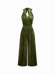 Velvet V-neck Lace Trim Knotted Backless Straight Leg Jumpsuit
