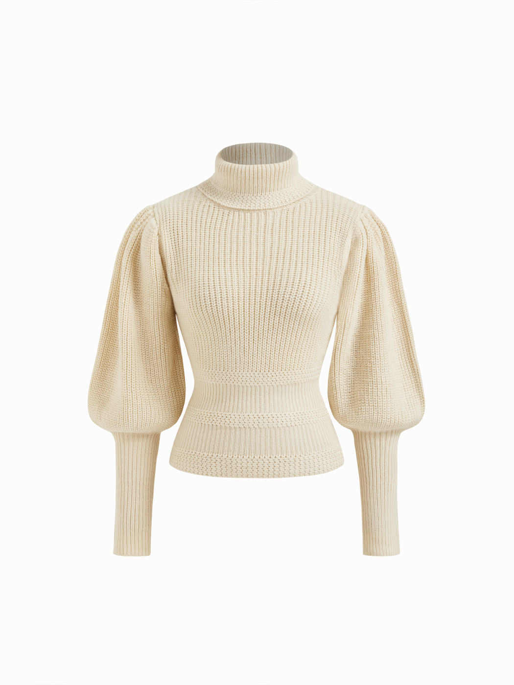 Knit High Neck Lantern Long Sleeve Cinched Waist Top