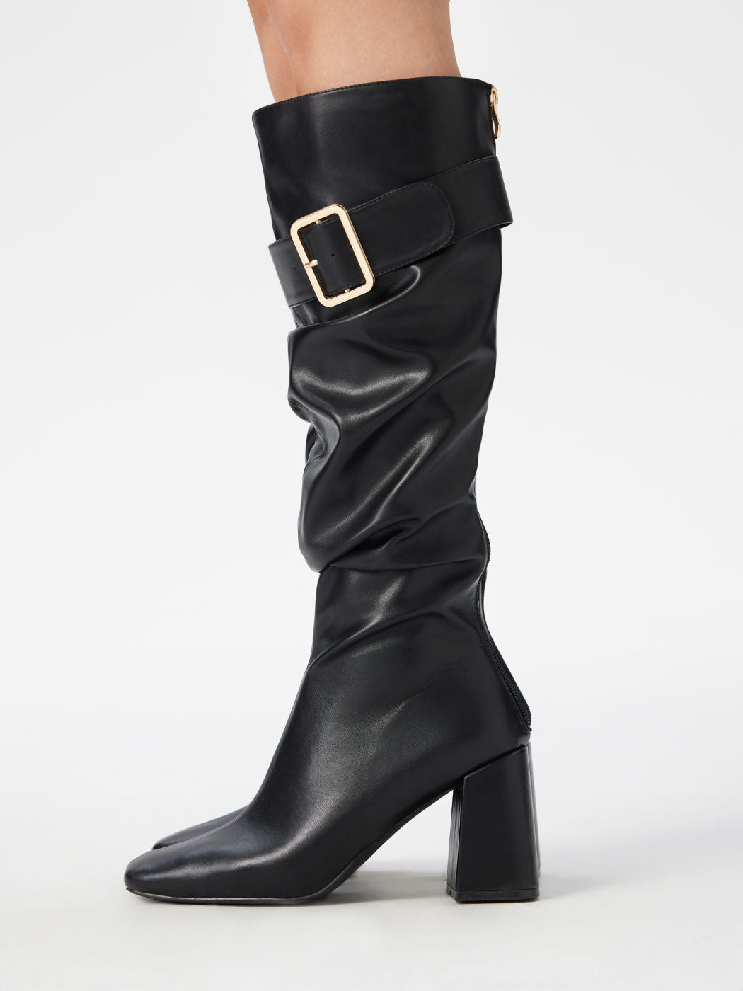 SQUARE TOE PLEATED CHUNKY HEELED KNEE HIGH BOOTS