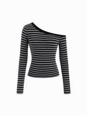 Knit Wool-blend Asymmetrical Neck Stripe Long Sleeve Top