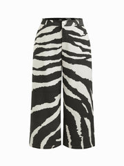 100% Cotton Mid Rise Zebra Striped Print Wide Leg Trousers Curve & Plus