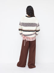 Knit Crochet Round Neck Striped Contrasting Binding Oversized Sweater
