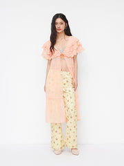 Chiffon V-neck Tiered Tie Front Lace Trim Oversized Maxi Dress