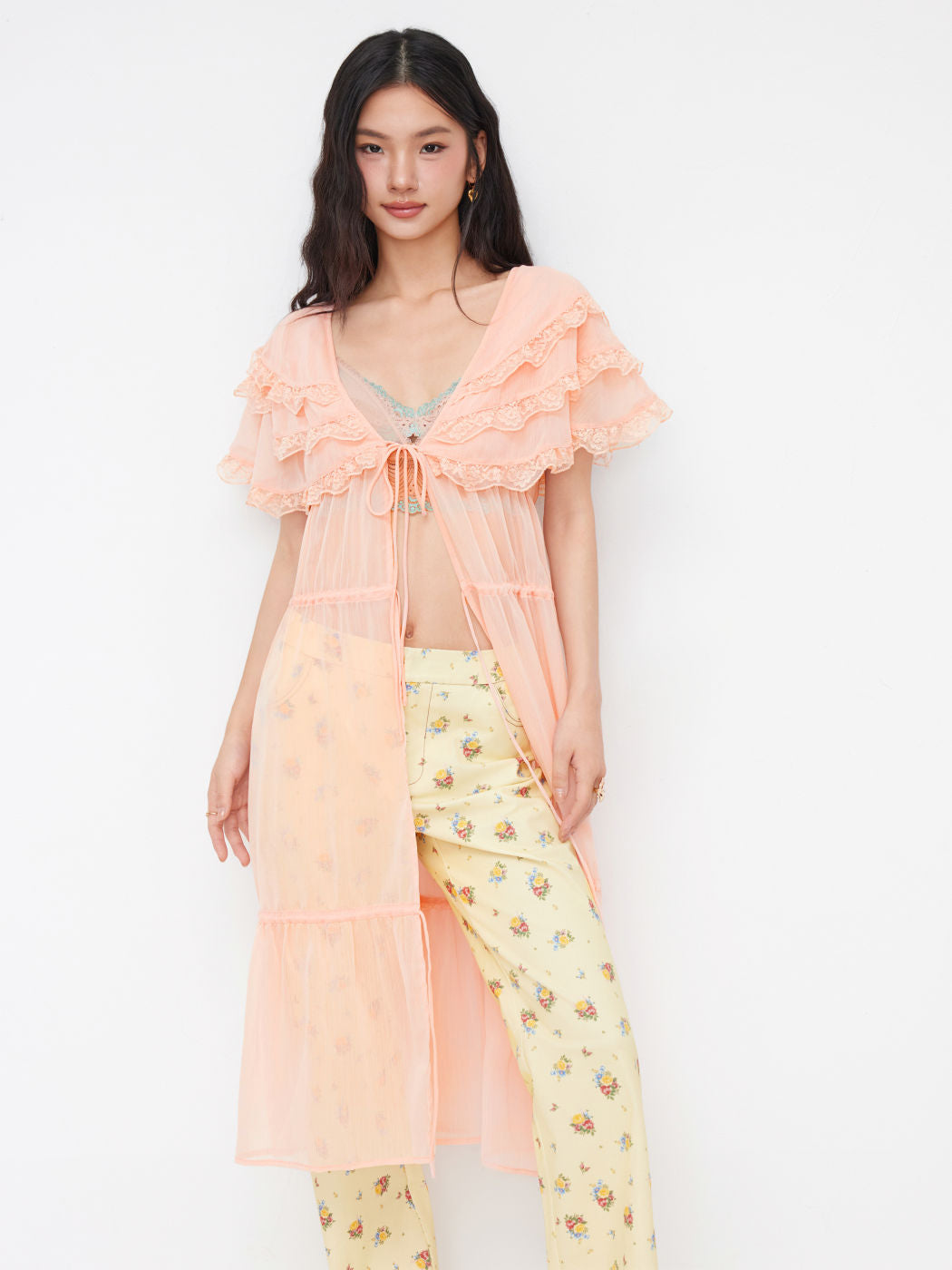 Chiffon V-neck Tiered Tie Front Lace Trim Oversized Maxi Dress