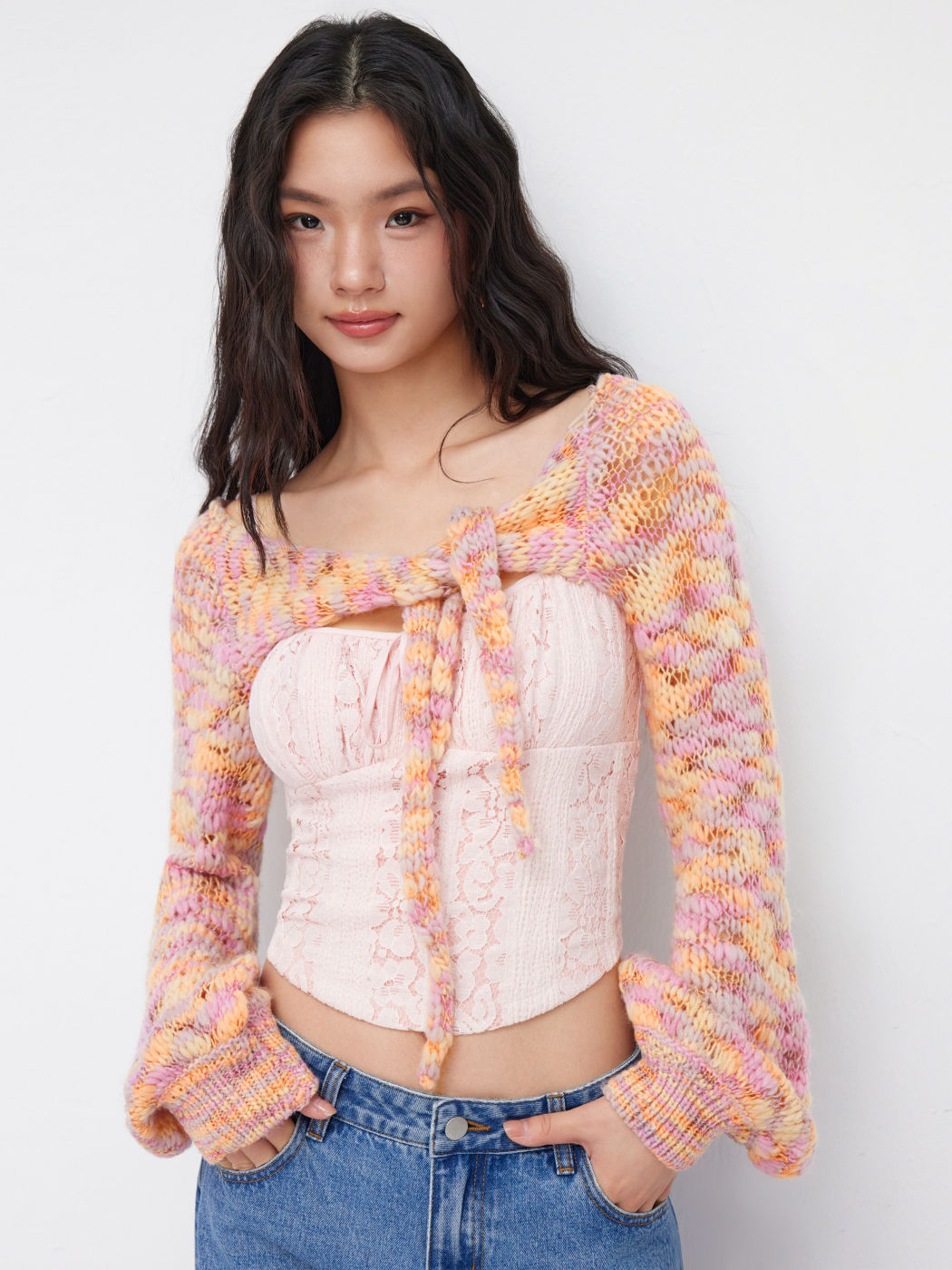 Knit Crochet Round Neckline Knotted Long Sleeve Crop Top