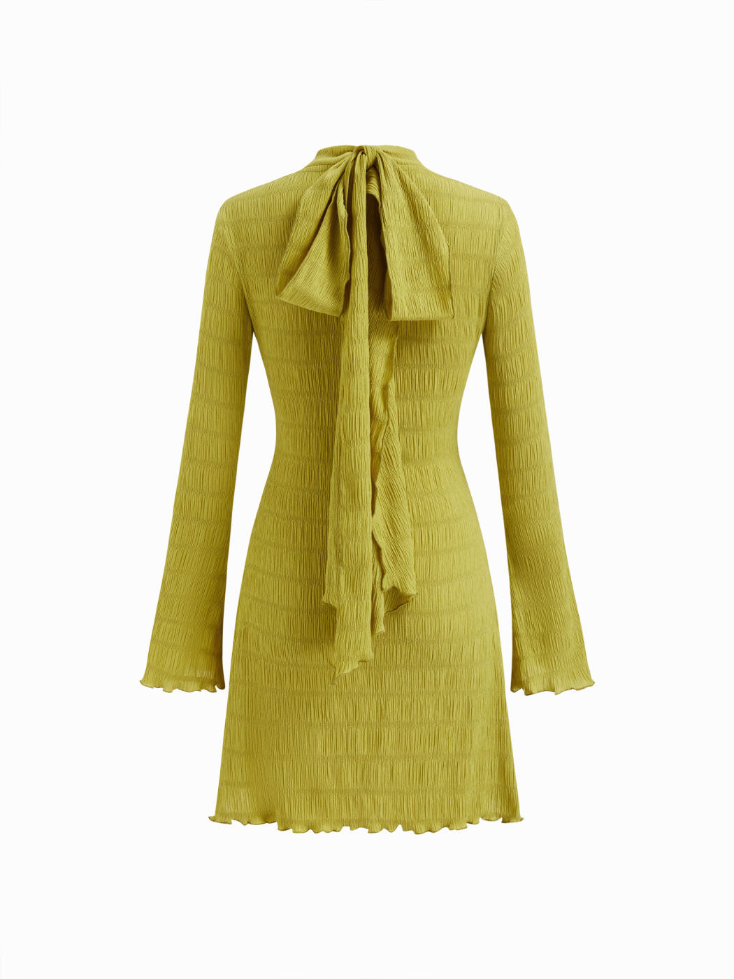 Texture High Neck Bell Sleeve Lettuce Trim Tie Back Mini Dress