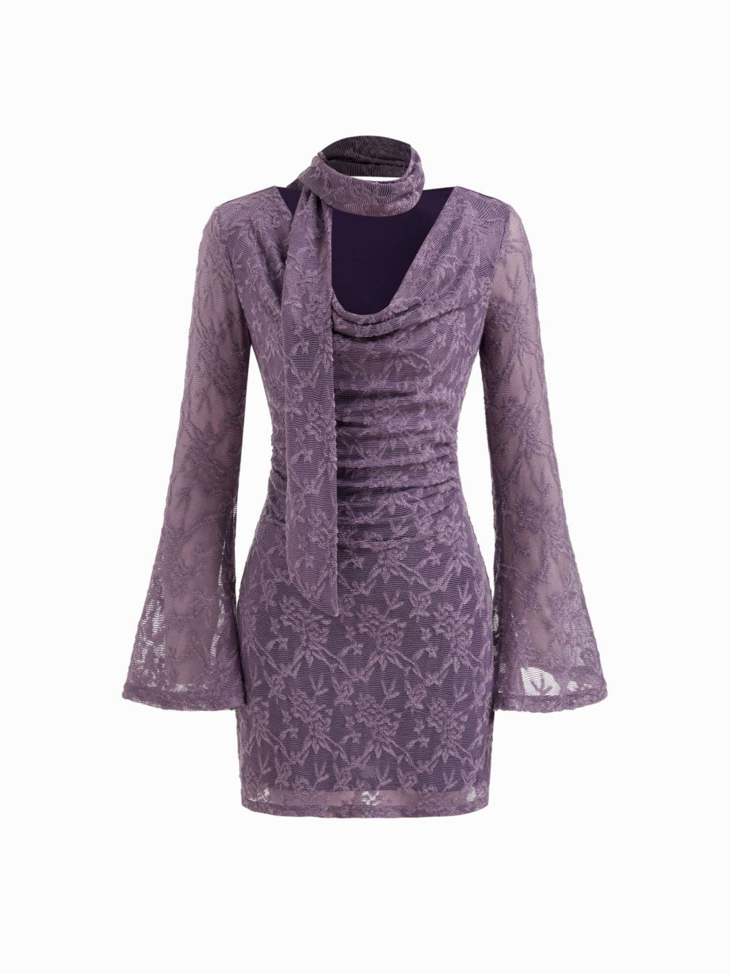 Lace Cowl Neck Ruched Mini Dress With Scarf