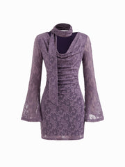 Lace Cowl Neck Ruched Mini Dress With Scarf