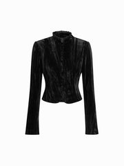Velvet Stand Collar Lettuce Trim Long Sleeve Jacket