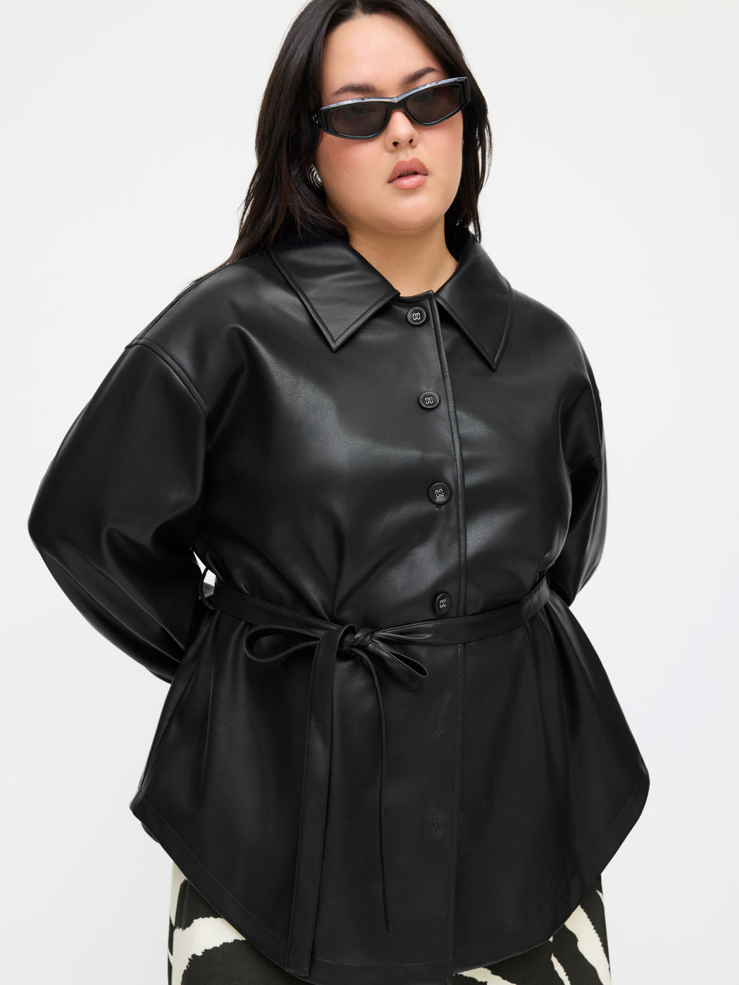 Faux Leather Collar Shacket With Belt Curve & Plus