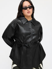 Faux Leather Collar Shacket With Belt Curve & Plus