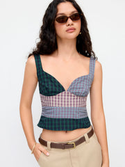 Cotton-blend Sweetheart Neck Tartan Patched Shirred Tank Top