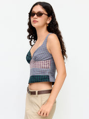 Cotton-blend Sweetheart Neck Tartan Patched Shirred Tank Top