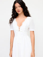 Cotton V-neck Lace Floral Ruffle Cut Out Back Knotted Maxi Dress