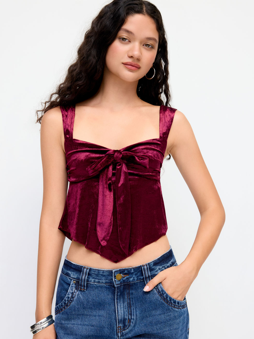 Velvet Sweetheart Neck Knotted Tank Top