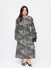 Zebra Striped Boat Neck Bell Sleeve Ruffle Hem Maxi Dress Curve & Plus