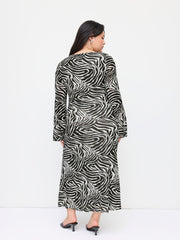 Zebra Striped Boat Neck Bell Sleeve Ruffle Hem Maxi Dress Curve & Plus