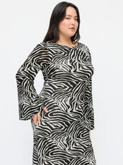 Zebra Striped Boat Neck Bell Sleeve Ruffle Hem Maxi Dress Curve & Plus