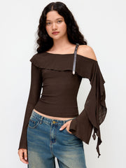 Asymmetrical Neck Long Sleeve Ruffle Trim Belted Top