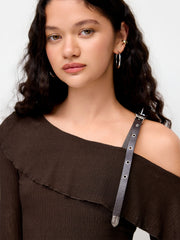 Asymmetrical Neck Long Sleeve Ruffle Trim Belted Top
