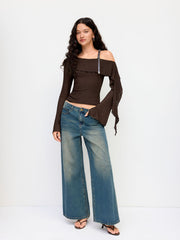 Asymmetrical Neck Long Sleeve Ruffle Trim Belted Top