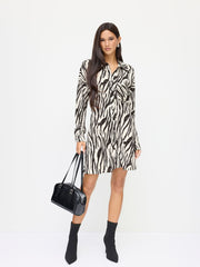 Zebra Striped Collar Long Sleeve  Mini Shirt Dress