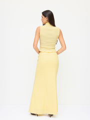 High Neck Texture Lettuce Trim Top & Mid Rise Maxi Skirt Set