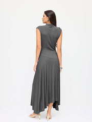 High Neck Asymmetrical Hem Midi Dress