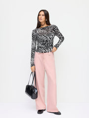Two Piece Zebra Striped Asymmetrical Neck Long Sleeve Top With Cami Top