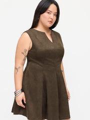 Suede V-neck Pleated Mini Dress Curve & Plus