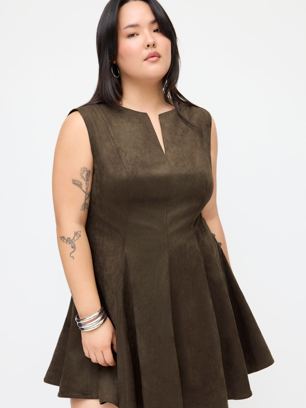 Suede V-neck Pleated Mini Dress Curve & Plus