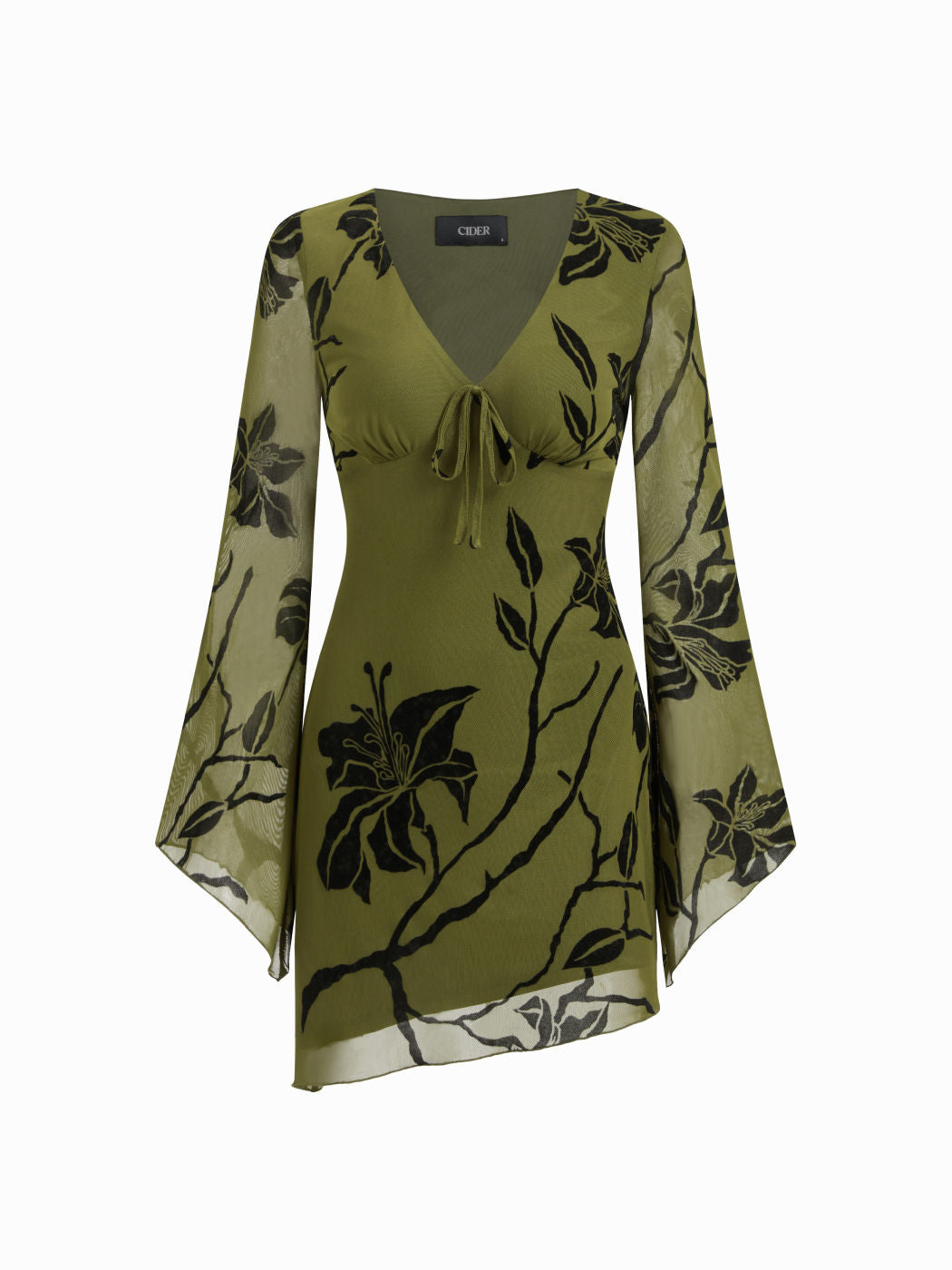 Mesh V-neck Floral Asymmetrical Hem Mini Dress