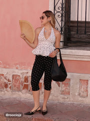 Cotton-blend Crop Halter Neckline Polka Dot Tie Front Top