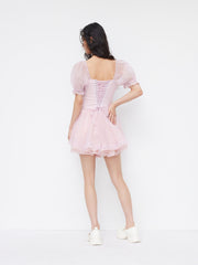 U-neckline Lettuce Trim Drawstring Lace Up Puff Sleeve Mini Dress