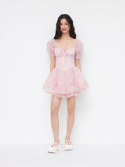 U-neckline Lettuce Trim Drawstring Lace Up Puff Sleeve Mini Dress