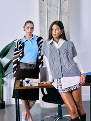 Knit Zebra Striped V-neck Long Sleeve Button Oversized Cardigan