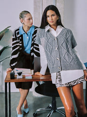 Knit Zebra Striped V-neck Long Sleeve Button Oversized Cardigan