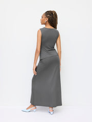Boat Neck Ruched Tank Top & Ruffle Maxi Skirt Set