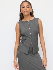 Boat Neck Ruched Tank Top & Ruffle Maxi Skirt Set