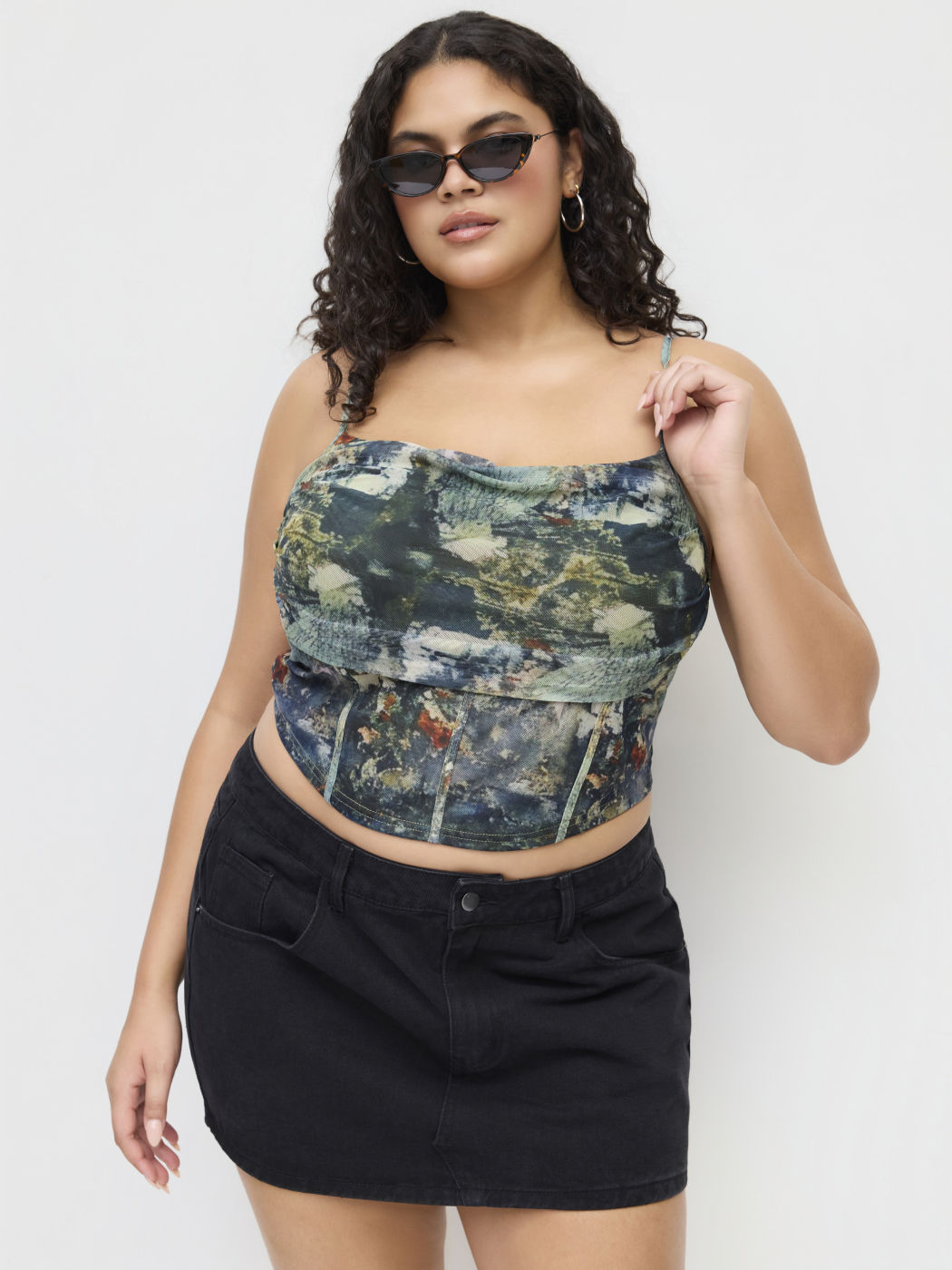 Mesh Graphic Ruched Corset Crop Cami Top Curve & Plus