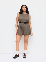 Boat Neck Houndstooth Romper With Belt Curve & Plus