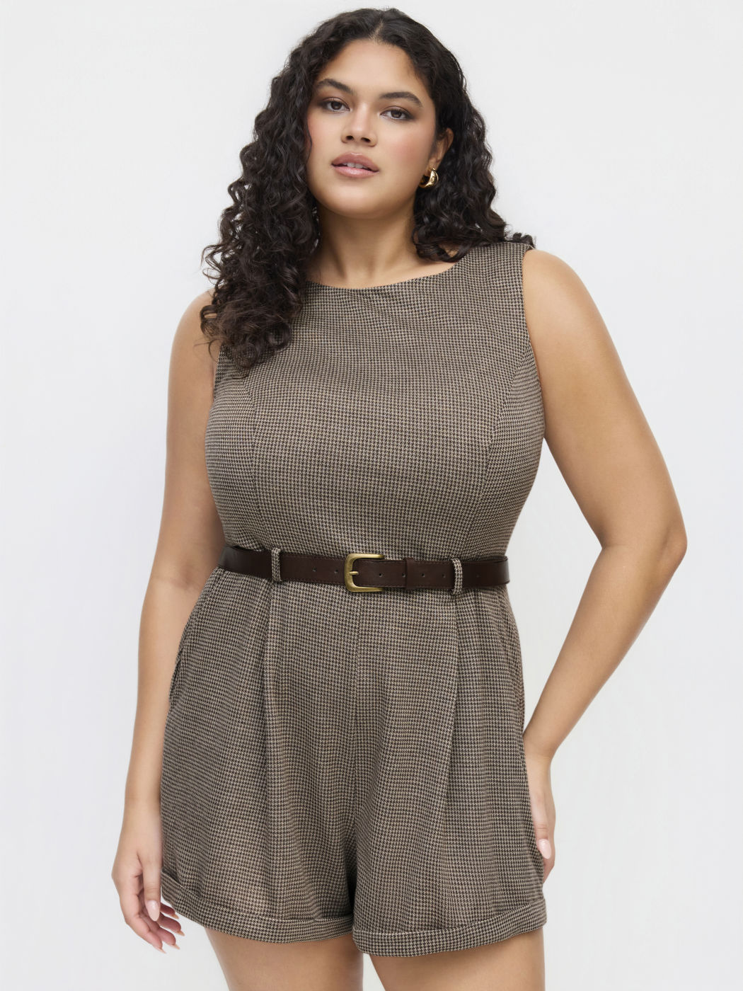Boat Neck Houndstooth Romper With Belt Curve & Plus